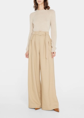 Brandon Maxwell Pleated Wide-Leg Wool Trousers with Belt