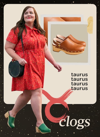 A collage of fashion trend ideas for Taurus - clogs