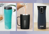 Three photos of some of the best coffee mugs for people who knock over drinks, all atop a purple bac...
