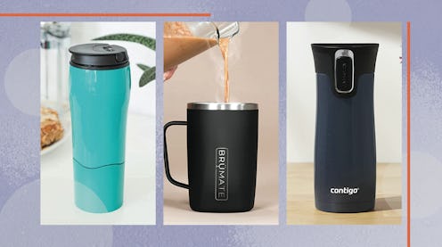 Three photos of some of the best coffee mugs for people who knock over drinks, all atop a purple bac...