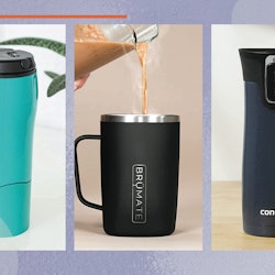 Three photos of some of the best coffee mugs for people who knock over drinks, all atop a purple bac...
