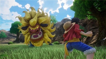 Luffy fighting a yellow mane lion