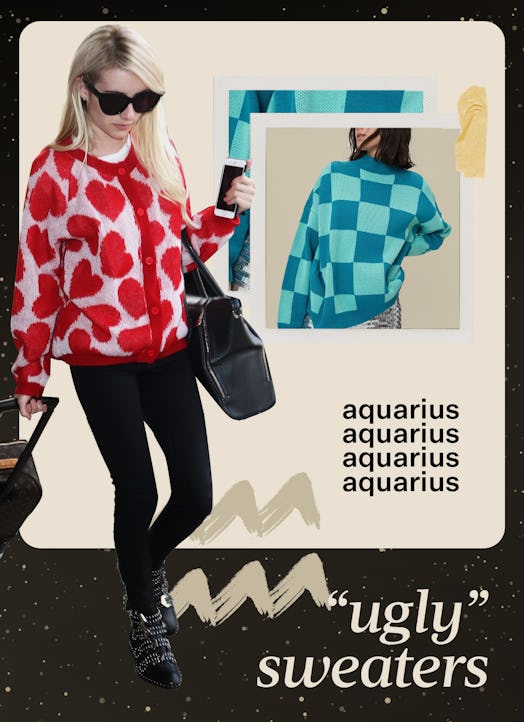 A collage of fashion trend ideas for Aquarius - ugly sweaters