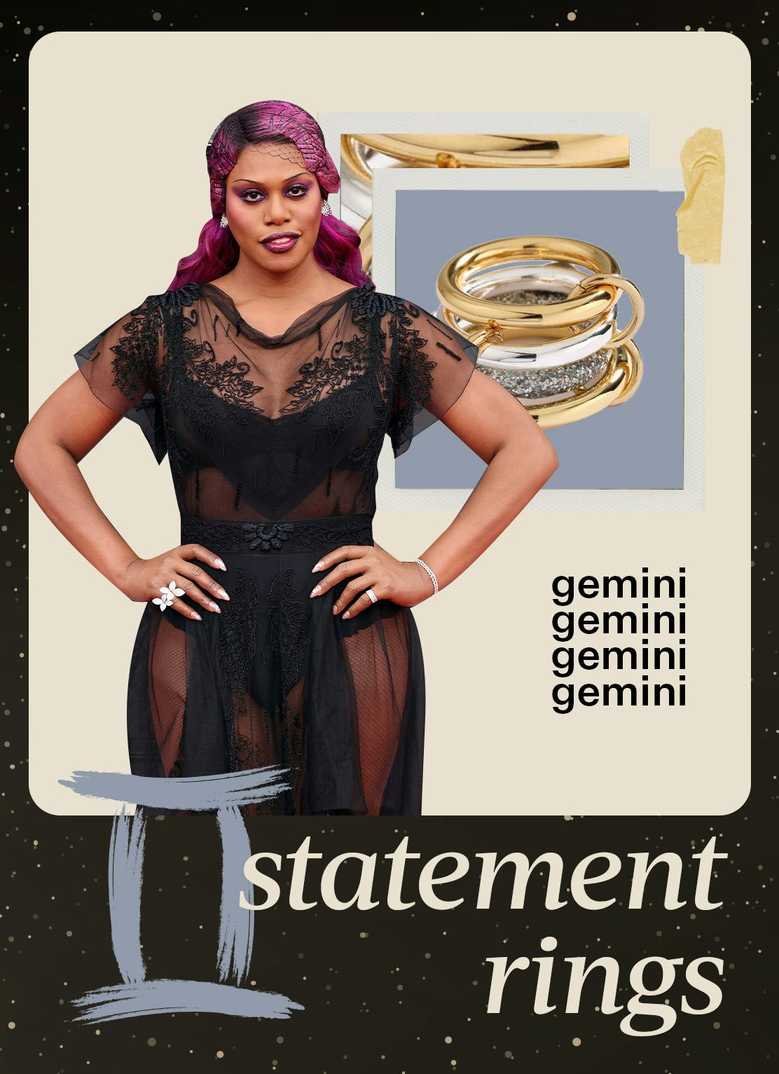 A collage of fashion trend ideas for Gemini - statement rings