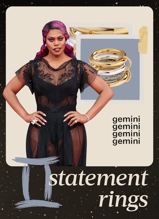 A collage of fashion trend ideas for Gemini - statement rings