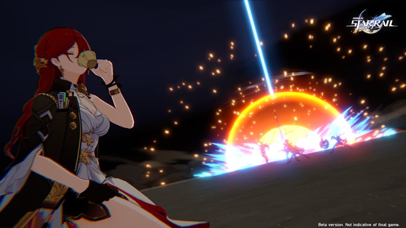 A Honkai: Star Rail character sips tea as their enemies fall victim to an All-Out Attack.