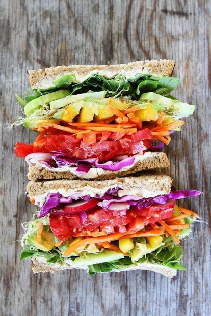 Rainbow vegetable sandwich for rainbow baby shower.