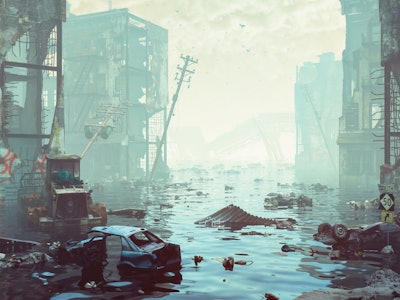 Flooded city underwater with floating debris