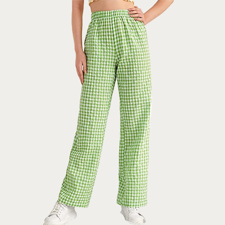 SOLY HUX Women's Gingham Elastic High Waisted Straight Leg Pants