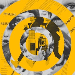 Repeating yellow and black and white circles, one featuring happy people walking briskly, the other …