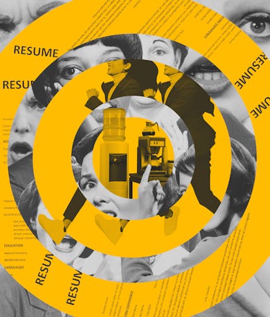 Repeating yellow and black and white circles, one featuring happy people walking briskly, the other …