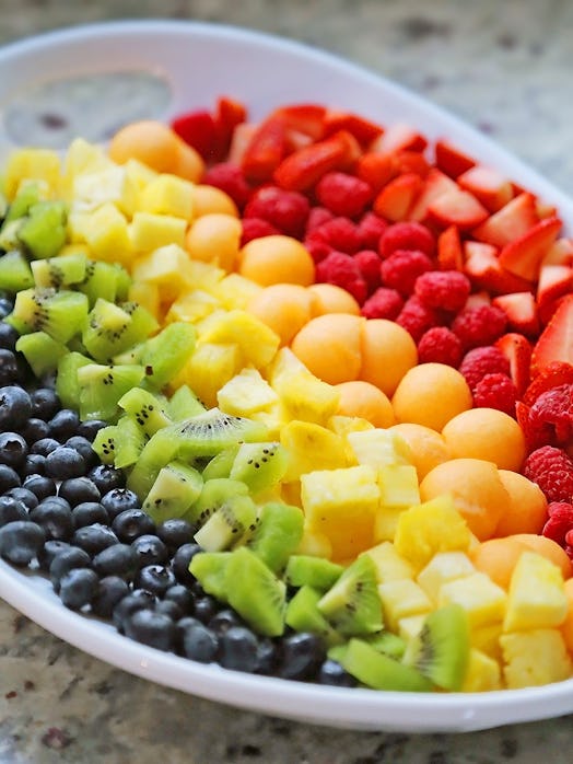 Rainbow fruit salad for rainbow baby shower.