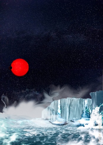 Illustration of a red star in the distance with the icy surface of a planet in the foreground.