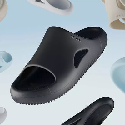 Crocs Mellow Slides in black, beige, blue, and white