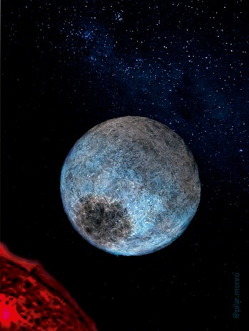 Artist's impression of an icy planet, with the edge of a red star's surface in the background.