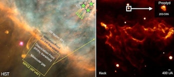 A la izquierda, una imagen a todo color de una porción de la Nebulosa de Orión, con la dirección de los rayos ultravioleta entrantes...