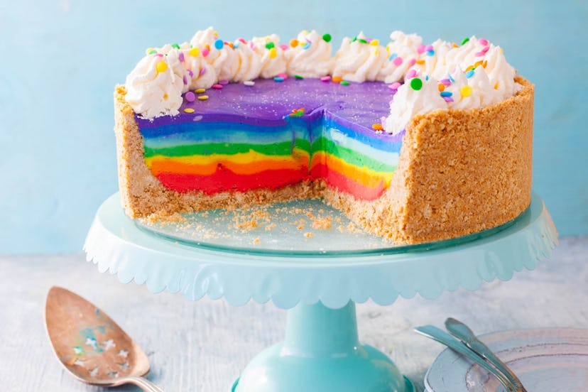 Rainbow cheesecake recipe for rainbow baby shower.