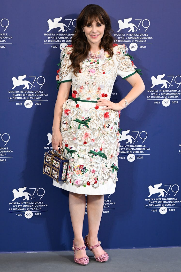 Zooey Deschanel wearing a lace dress at the 2022 Venice Film Festival