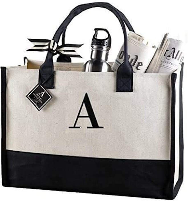 Mud Pie Classic Black and White Initial Canvas Tote Bag