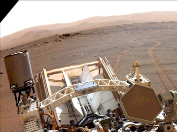 An image of the Perseverance rover on Mars.
