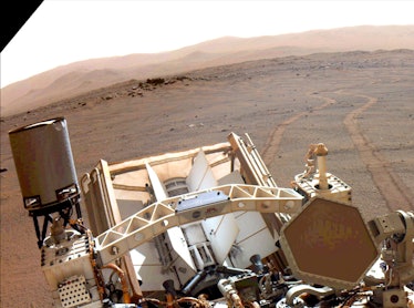 An image of the Perseverance rover on Mars.