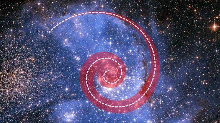 color image of a star cluster in space with a red dotted line tracing a spiral toward its center