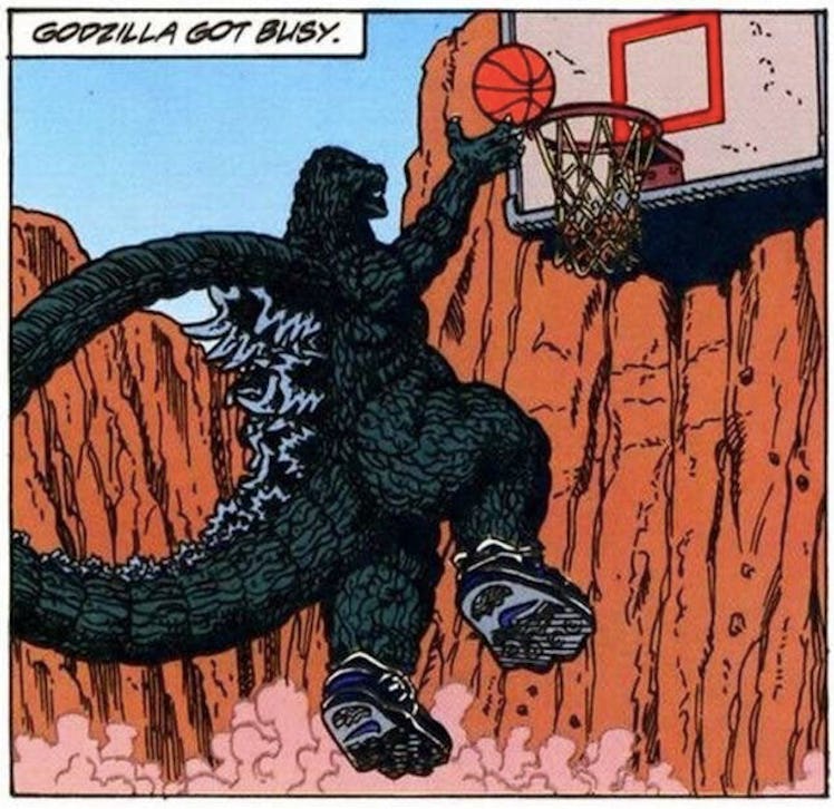 A panel from Dark Horse’s Godzilla vs Barkley one-shot comic, artwork by Jeff Butler. 