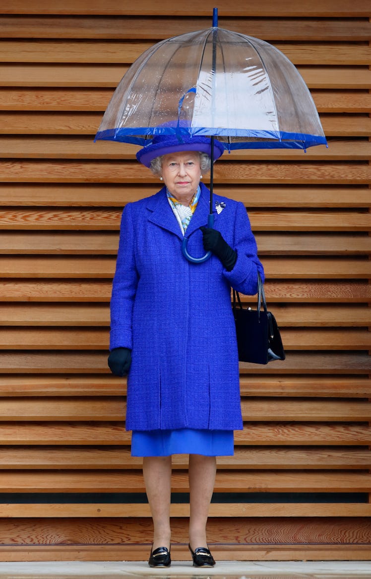 Queen Elizabeth II wearing blue and standing under an umbrella