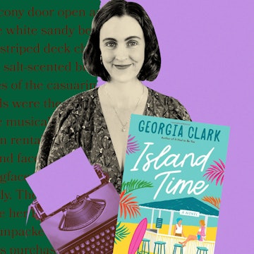 A cartoon-like image of Georgia Clark with her novel 'Island Time' and a typewriter.