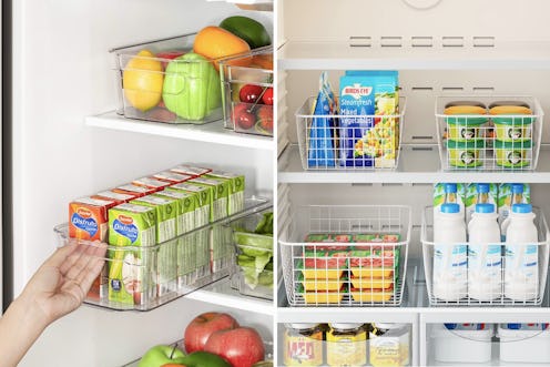 An image with two side-by-side images of some of the best fridge organizer bins, featuring plastic a...