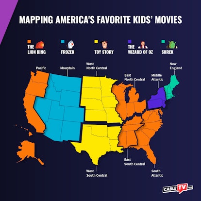 A map showing the favorite kid movies according to CableTV.com