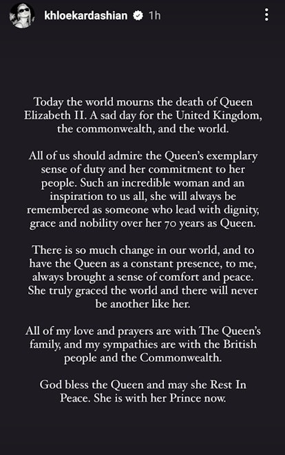 Khloé Kardashian shared an Instagram tribute for Queen Elizabeth II following her death.