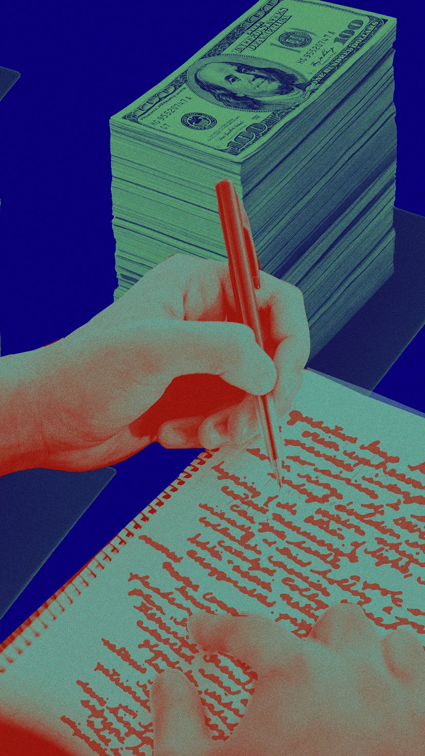 Illustration of someone writing an essay for money