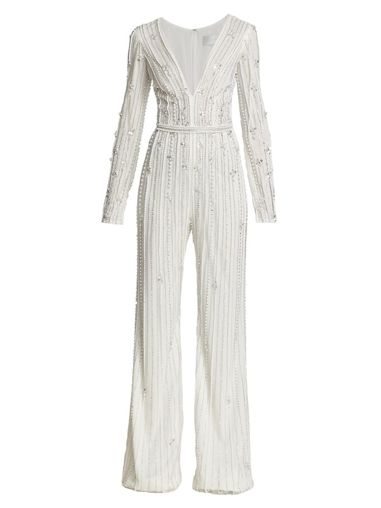 Pamella Roland white embroidered tulle jumpsuit