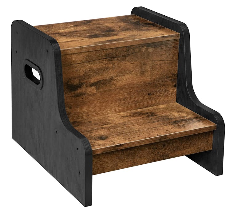 Black and wood grain step stool with handles