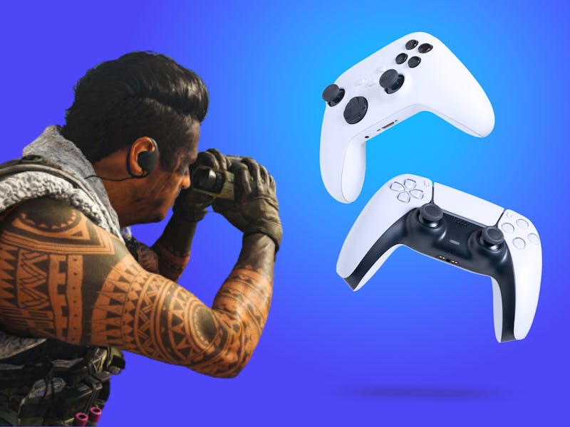 call of duty guy looking at next gen controllers with binoculars