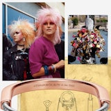 A collage of a photo by photographer Shirley Baker depicting punk girls in the 80's, a photo of lock...