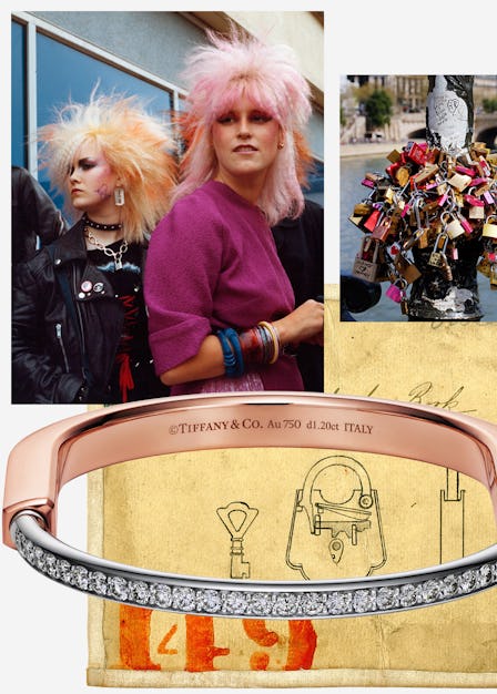 A collage of a photo by photographer Shirley Baker depicting punk girls in the 80's, a photo of lock...