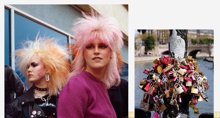 A collage of a photo by photographer Shirley Baker depicting punk girls in the 80's, a photo of lock...