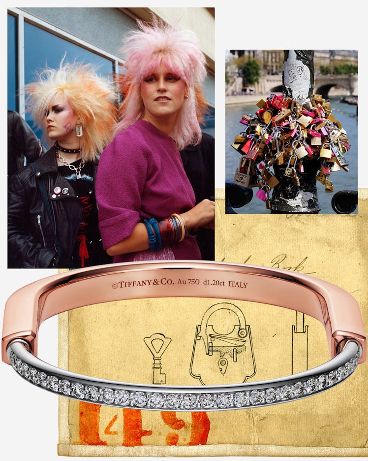 A collage of a photo by photographer Shirley Baker depicting punk girls in the 80's, a photo of lock...