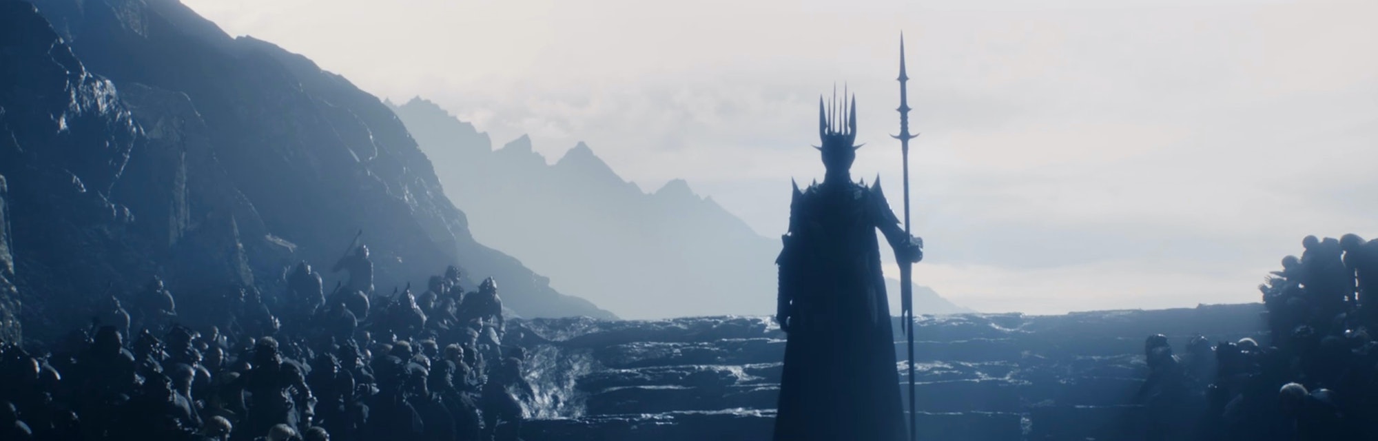 Sauron stands in front of an army of orcs in the opening prologue of The Lord of the Rings: The Ring...