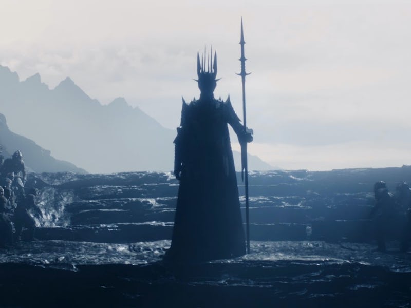 Sauron stands in front of an army of orcs in the opening prologue of The Lord of the Rings: The Ring...