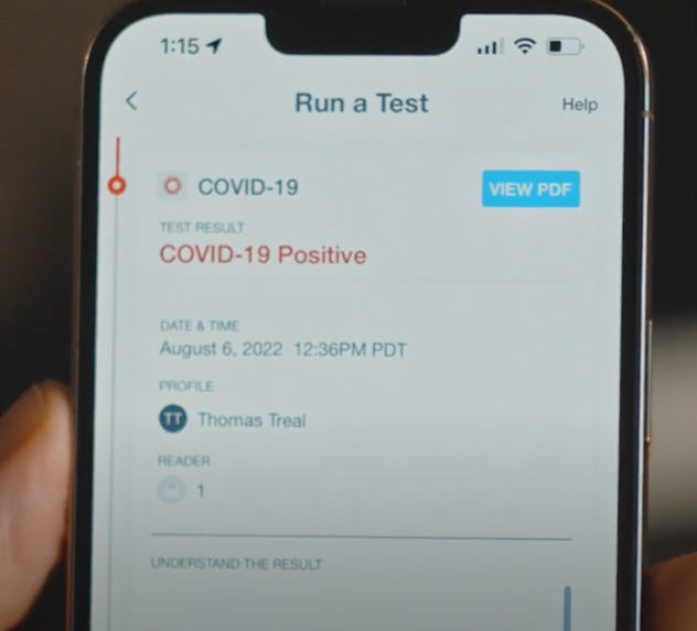 Cue home Covid test, which is a molecular covid test for use at home. picture of Covid test result.