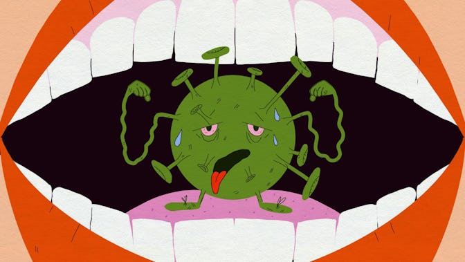 A mouth chomping on a weakened COVID variant.