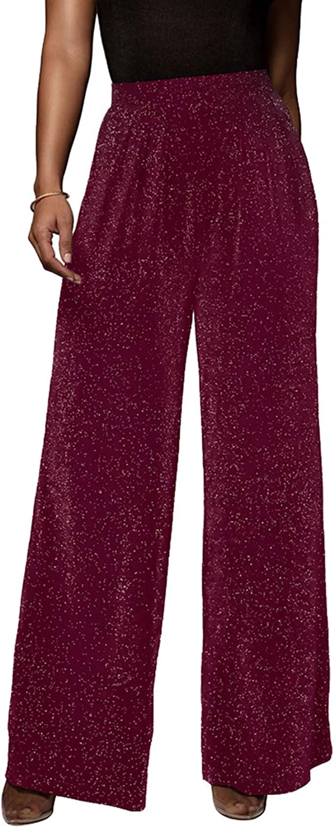 GUOLEZEEV Sparkly High-Waist Wide-Leg Palazzo Pants