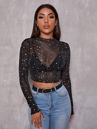 SOLY HUX Sheer Mesh Long Sleeve Tee 