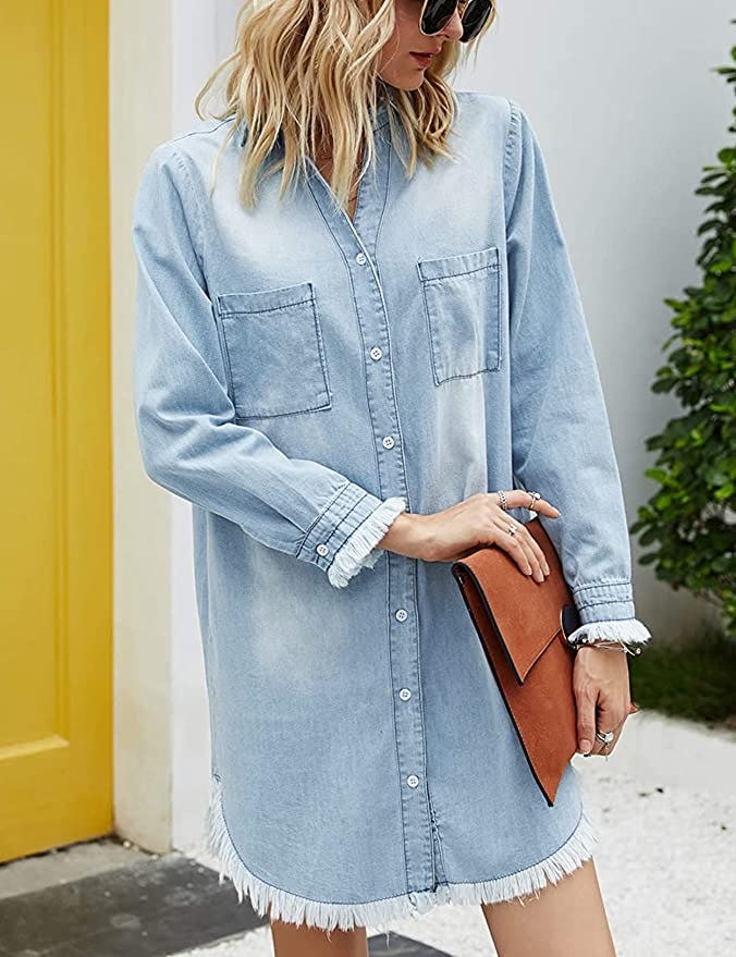 Zilcremo Denim Button Down Tunic Top