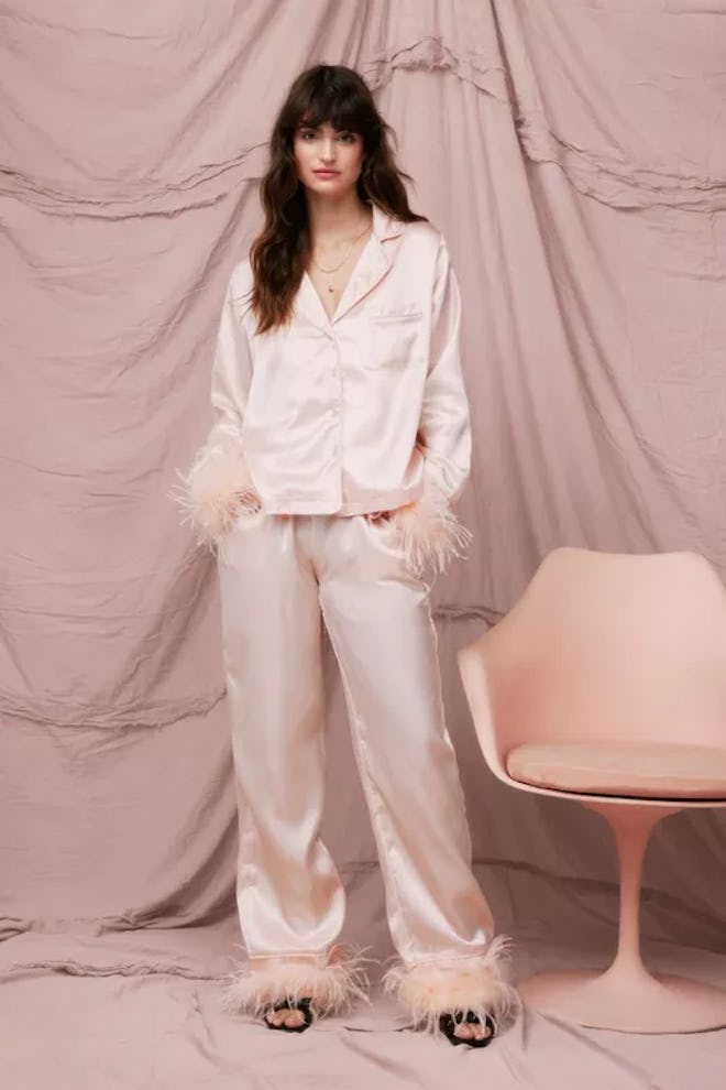 Nasty Gal Satin Feather Pajama Shirt And Pants Set