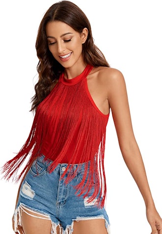 Verdusa Fringe Trim Halter Bodysuit Top