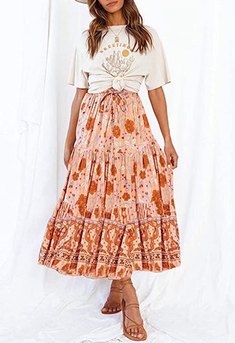 MEROKEETY High Waist Pleated A Line Midi Skirt